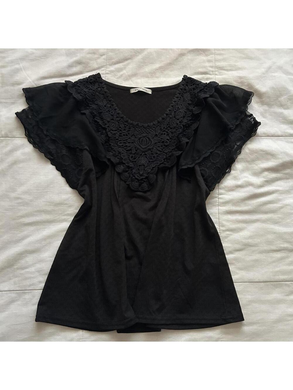 Axes Femme black top with intricate crochet lace applique detailing